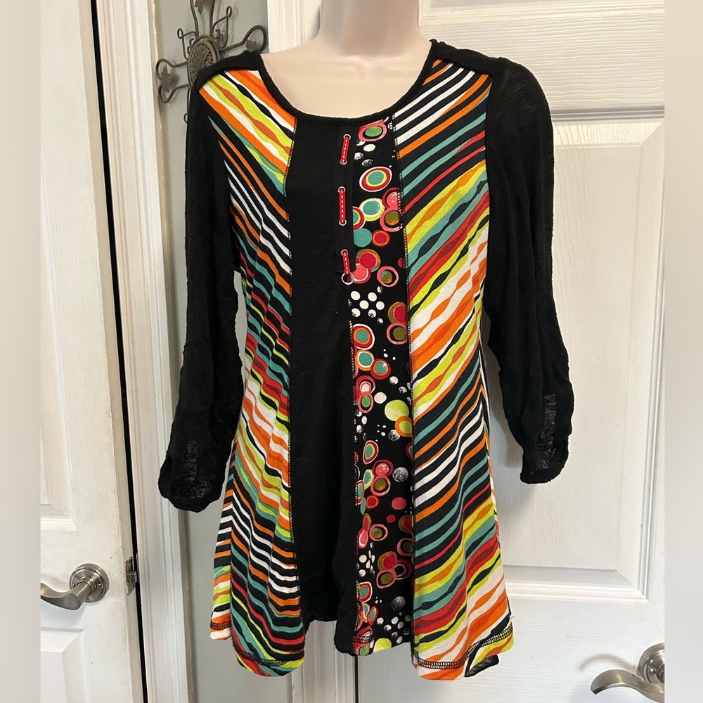 Zoé Womens Artsy Top Blouse Sz Small Black Mixed Print Boho